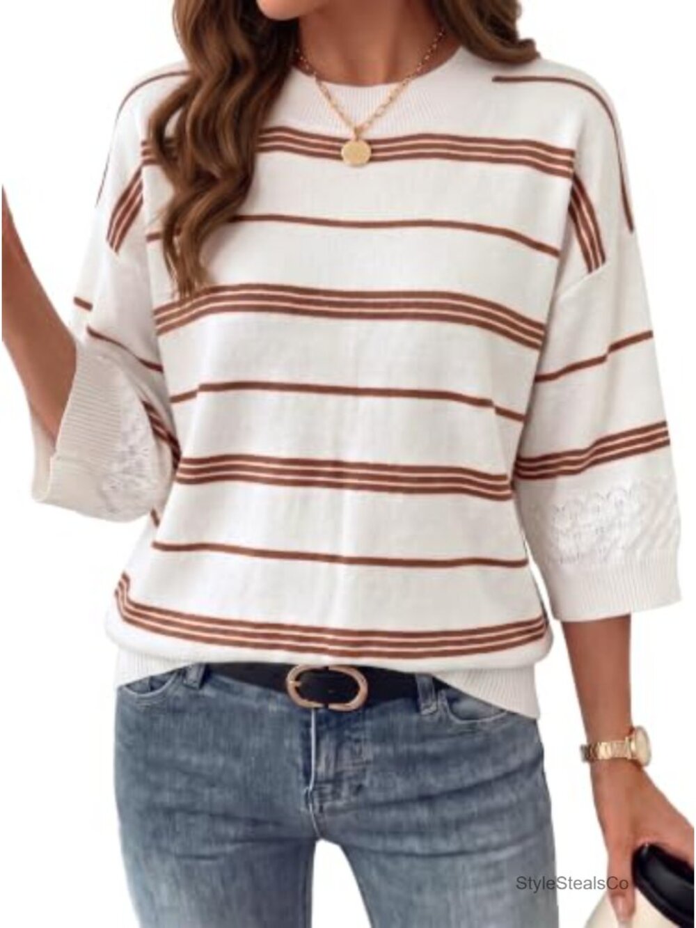 Womens 100% Cotton 3/4 Sleeve Striped Knit Pullover Sweater